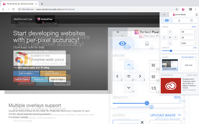 PerfectPixel, rozszerzenie do Chrome, umożlwia porównianie wyglądu strony z przygotowanym designem